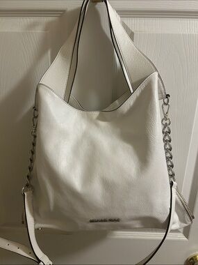 Michael Kors White Leather Hobo with Silver Chain Trim